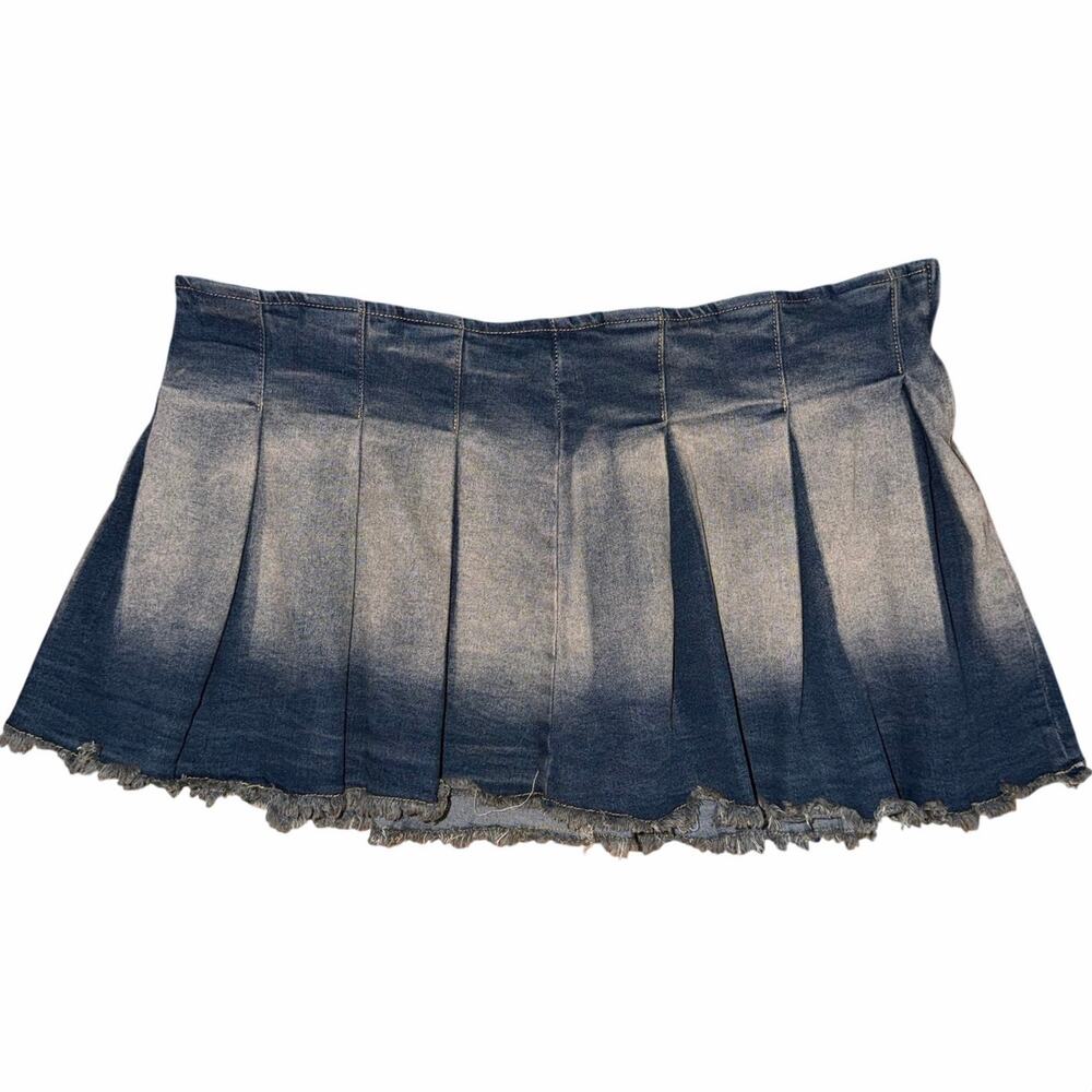 Y2K Vintage Style Ombre Pleated Denim Mini Skirt Distressed Raw Hem Plus Size 1X